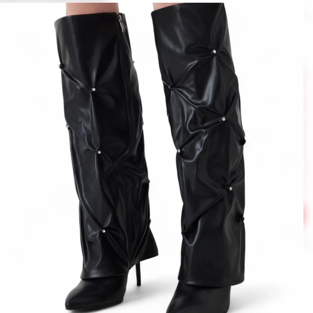 Cider | Women's Black & Rhinestone Knee-High Ruched Stiletto Boots | 10